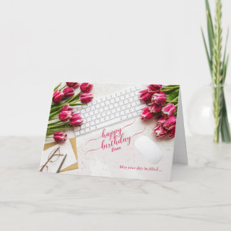 Boss's Birthday Pink Tulips and Desktop Card