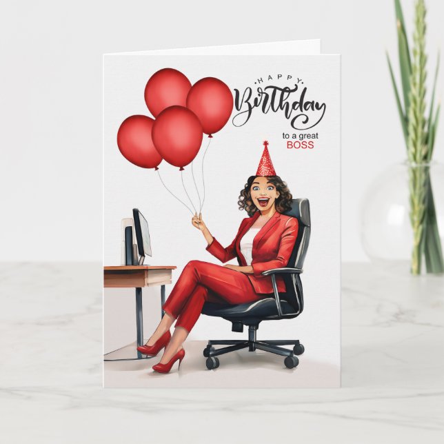 Boss's Birthday Red Businesswoman in an Office Card (Front)