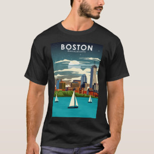 Boston at Night City Skyline Travel Poster T-Shirt