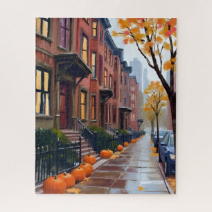 Boston Autumn Brownstones Pumpkin Watercolor Jigsaw Puzzle