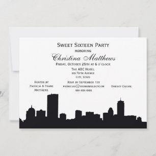 Boston Black Skyline Silhouette Sweet 16 Party Invitation