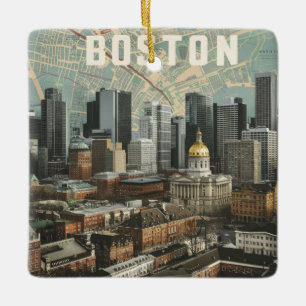 Boston, Boston Massachusetts City Skyline With Map Ceramic Ornament