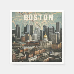 Boston, Boston Massachusetts City Skyline With Map Napkin