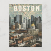 Boston, Boston Massachusetts City Skyline With Map