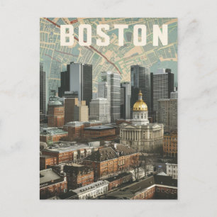 Boston, Boston Massachusetts City Skyline With Map Postcard