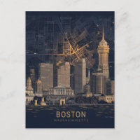 Boston, Boston Massachusetts City Skyline With Map