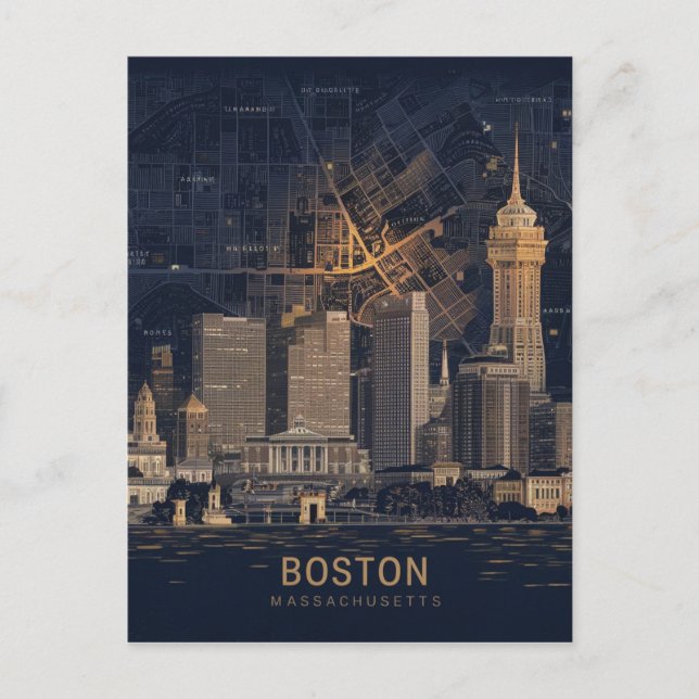 Boston, Boston Massachusetts City Skyline With Map Postcard (Front)
