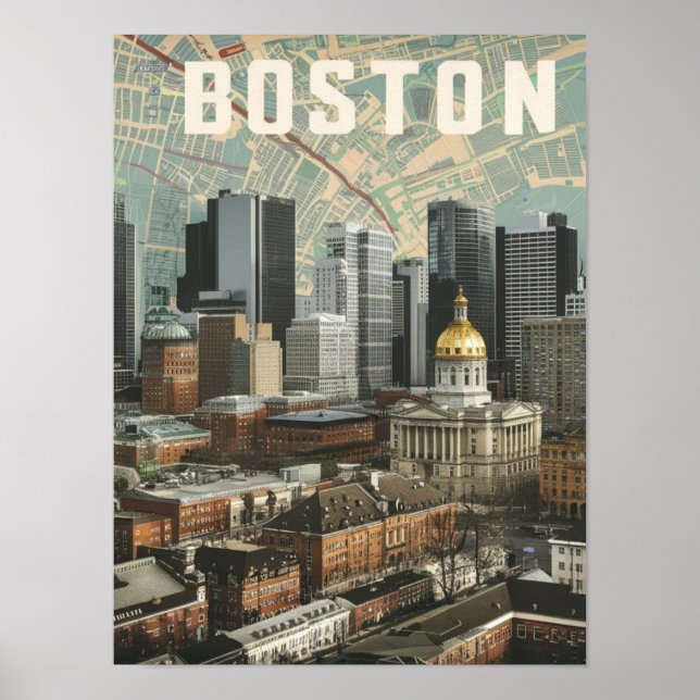 Boston, Boston Massachusetts City Skyline With Map Poster (Front)