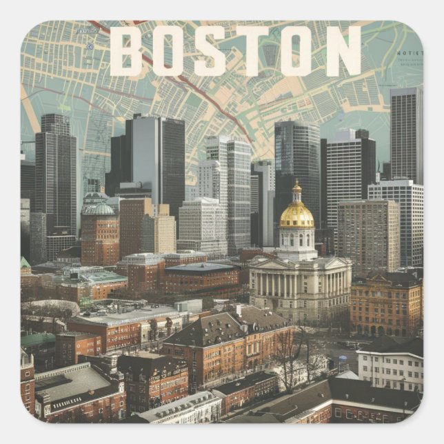 Boston, Boston Massachusetts City Skyline With Map Square Sticker (Front)