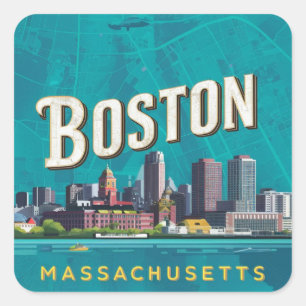 Boston, Boston Massachusetts City Skyline With Map Square Sticker