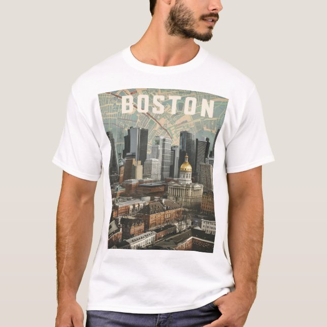 Boston, Boston Massachusetts City Skyline With Map T-Shirt (Front)