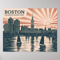 Boston Charles River Sailboats Skyline Art Vintage