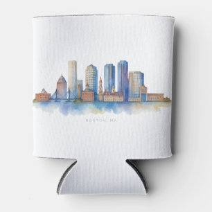 Boston City Skyline Watercolor Modern Boston MA Can Cooler