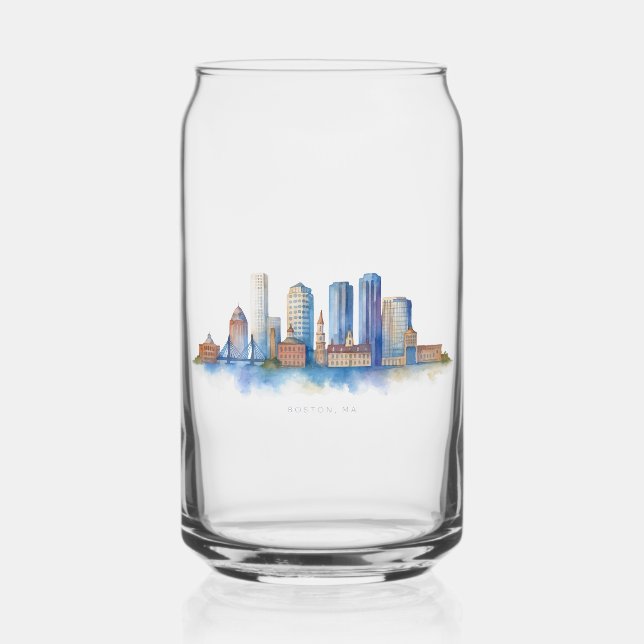 Boston City Skyline Watercolor | Modern Boston MA  Can Glass (Back)