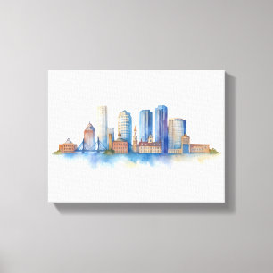 Boston City Skyline Watercolor   Modern Boston MA  Canvas Print