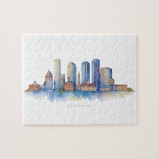 Boston City Skyline Watercolor | Modern Boston MA  Jigsaw Puzzle (Horizontal)