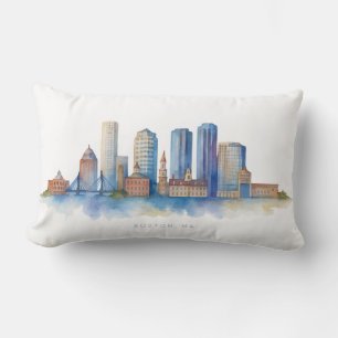 Boston City Skyline Watercolor   Modern Boston MA  Lumbar Pillow