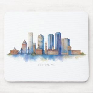 Boston City Skyline Watercolor Modern Boston MA Mouse Pad