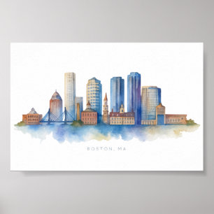 Boston City Skyline Watercolor Modern Boston MA Poster
