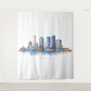 Boston City Skyline Watercolor   Modern Boston MA  Tapestry