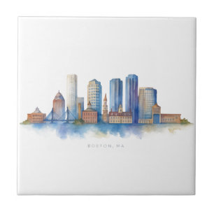 Boston City Skyline Watercolor Modern Boston MA Tile