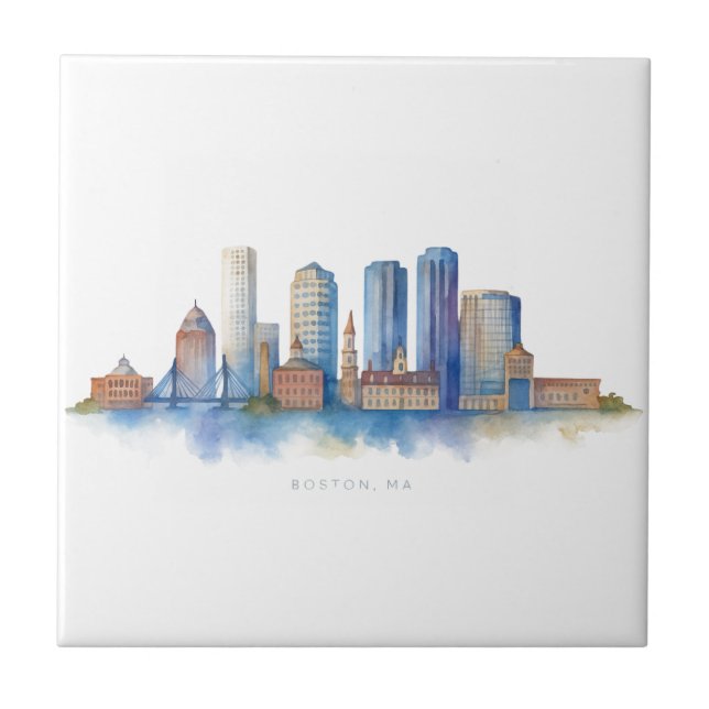 Boston City Skyline Watercolor | Modern Boston MA  Tile (Front)