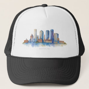 Boston City Skyline Watercolor   Modern Boston MA  Trucker Hat