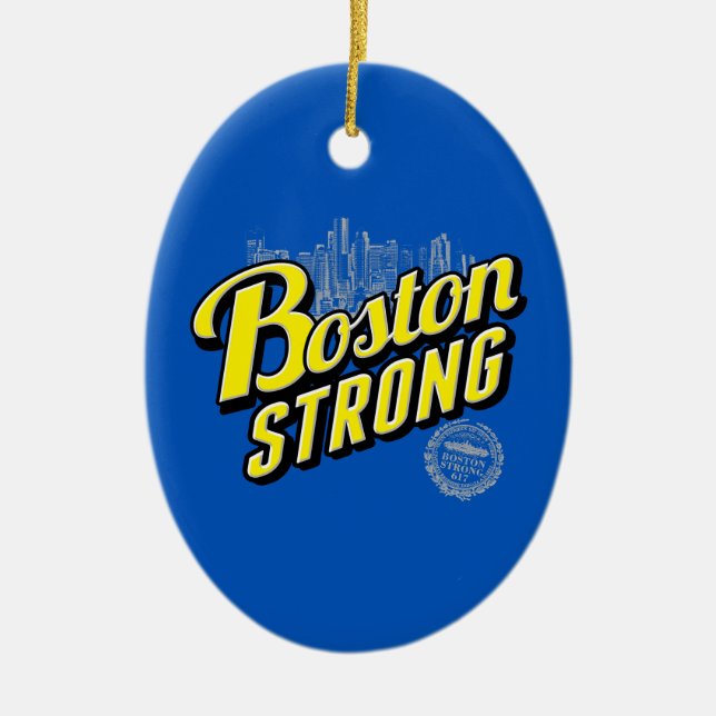 Boston City Strong Remembers on Blue Ceramic Ornament (Front)