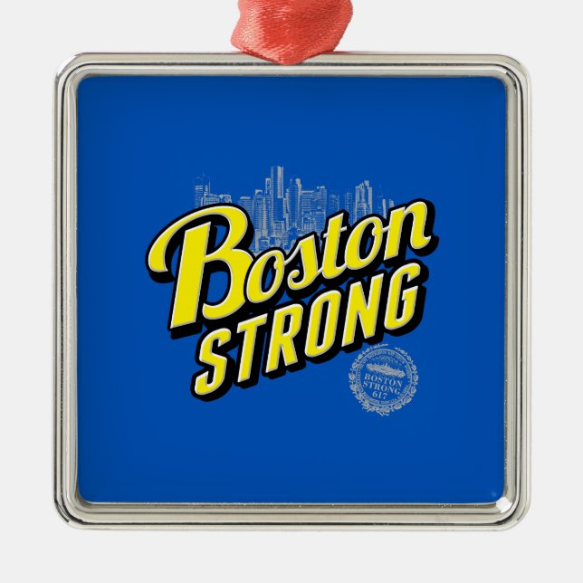Boston City Strong Remembers on Blue Metal Ornament (Front)