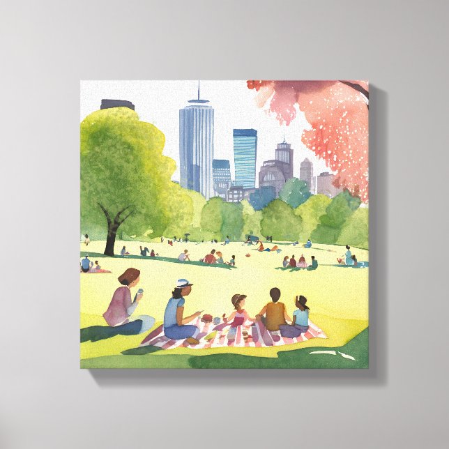 Boston Common Picnic | Summer Watercolor Painting Canvas Print (Front)