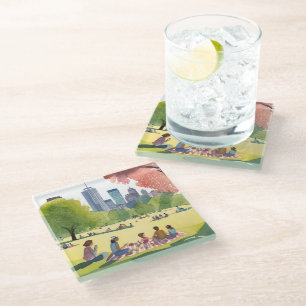 Boston Common Picnic   Summer Watercolor Painting Glass Coaster