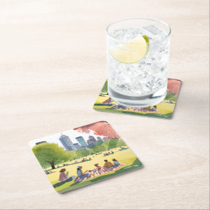 Boston Common Picnic   Summer Watercolor Painting Square Paper Coaster