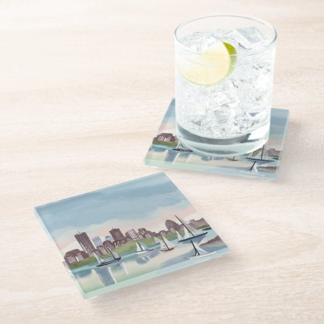 Boston Harbor | Boston Massachusetts Watercolor Glass Coaster (Angled)
