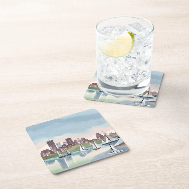 Boston Harbor | Boston Massachusetts Watercolor Square Paper Coaster (Insitu)