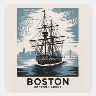 Boston Harbor Retro Tall Ship Vintage Nautical Square Sticker