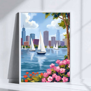 Boston Harbor Spring   Boat Bay City Skyline Poster