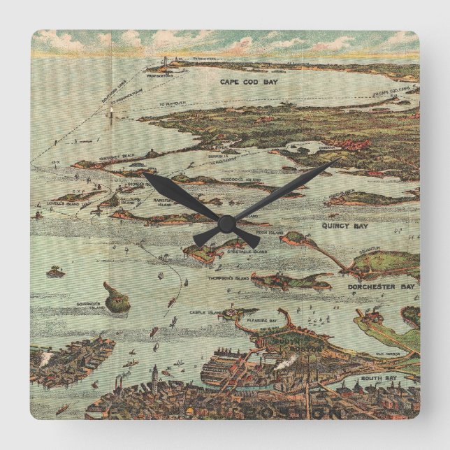 Boston Harbour Birdseye-view Map Square Wall Clock (Front)