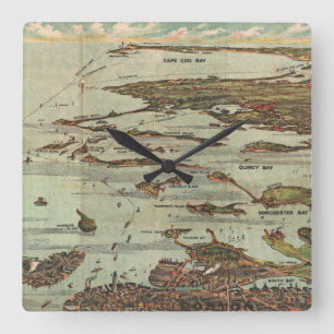 Boston Harbour Birdseye-view Map Square Wall Clock