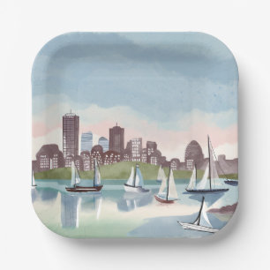 Boston Harbour Boston Massachusetts Watercolor Paper Plate