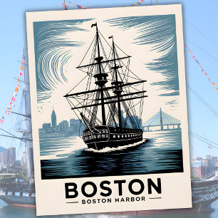 Boston Harbour New England Retro Coastal Nautical Postcard
