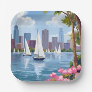 Boston Harbour Spring   Boat Bay City Skyline Paper Plate