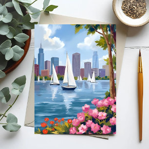 Boston Harbour Spring   Boat Bay City Skyline Postcard