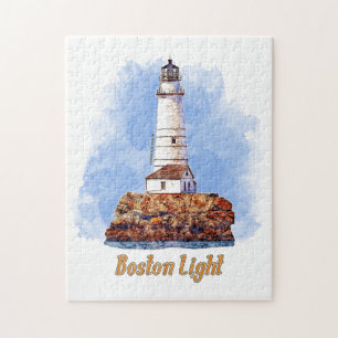 Boston Light Lighthouse Watercolor - Massachusetts Jigsaw Puzzle