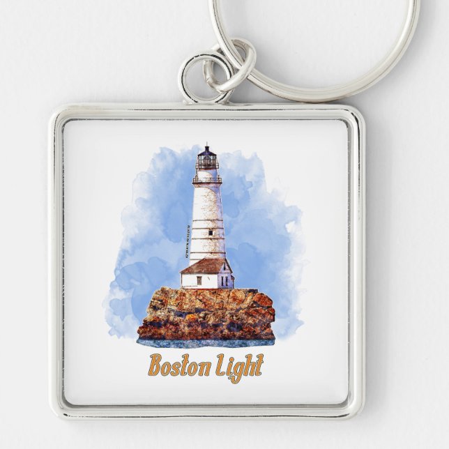 Boston Light Lighthouse Watercolor - Massachusetts Keychain (Front)