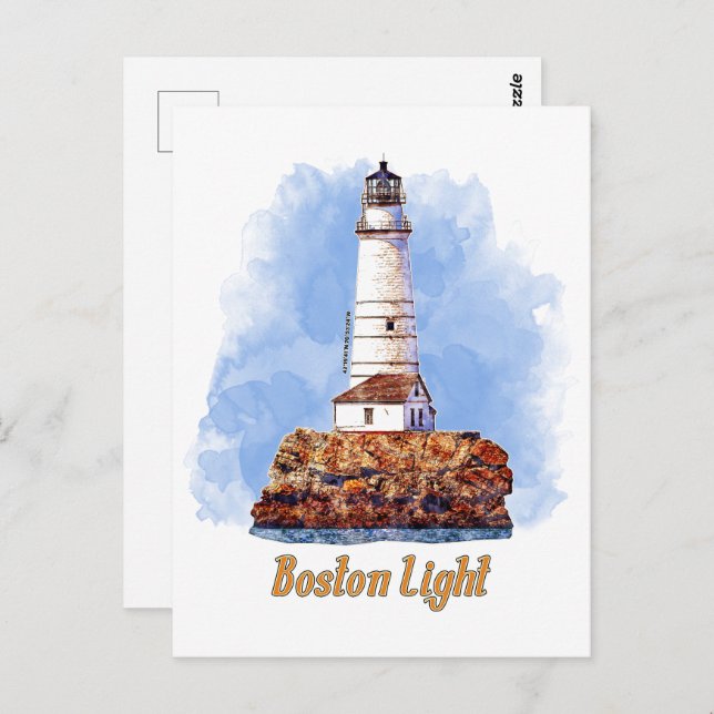 Boston Light Lighthouse Watercolor - Massachusetts Postcard (Front/Back)