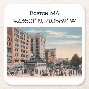 Boston MA Map Coordinates Vintage Style Square Paper Coaster