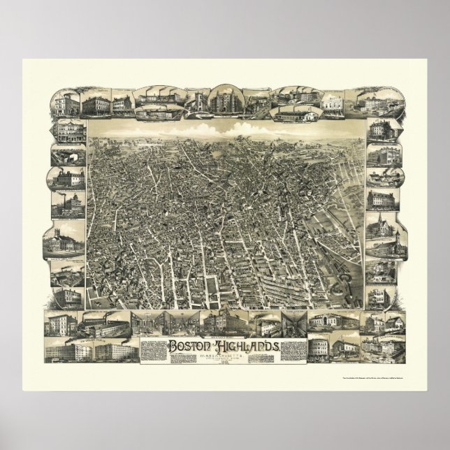 Boston, MA Panoramic Map - 1888 Poster (Front)