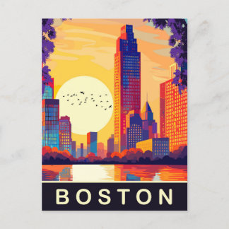 Boston, MA, Skyline on Sunset, Travel Postcard