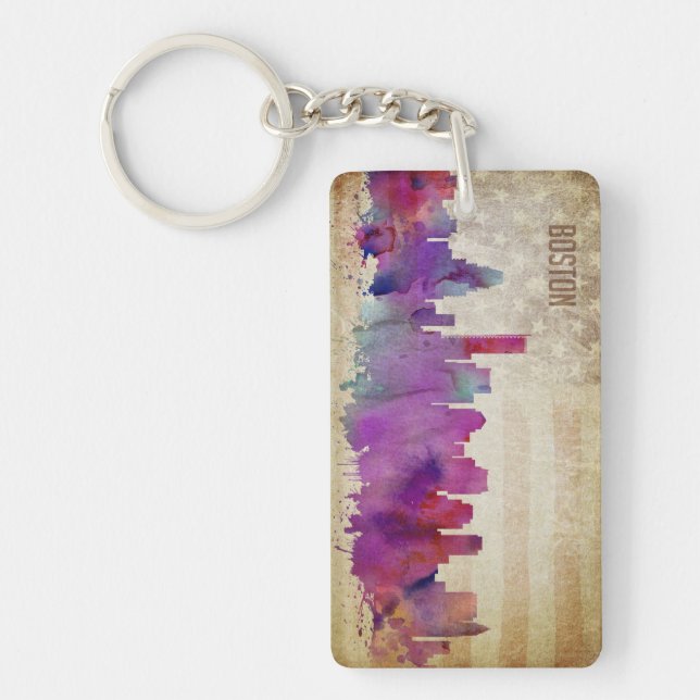 Boston, MA | Watercolor City Skyline Keychain (Front)