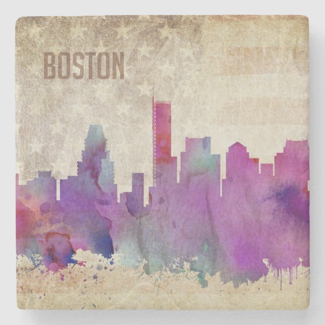Boston, MA | Watercolor City Skyline Stone Coaster (Front)